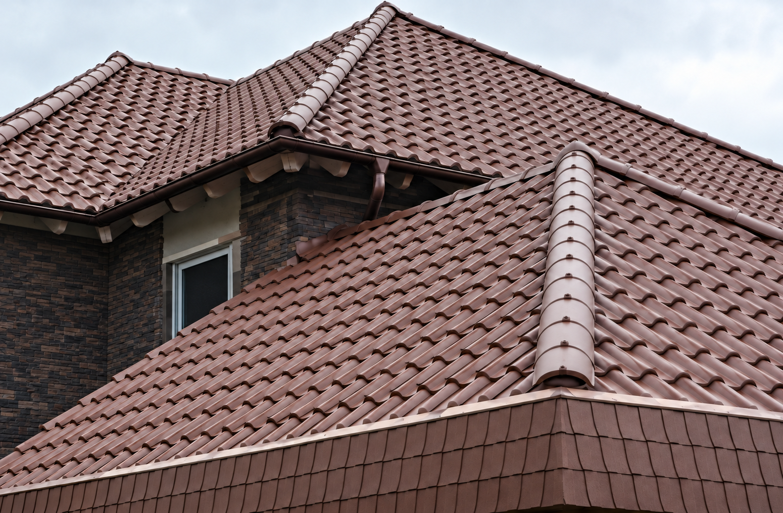 Detailliertes Walmdach mit Ziegeln und Steinwand